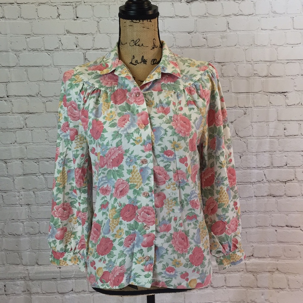 Vintage Sears Jr Bazaar Pink Floral Button Shirt Round Yoke Medium Petite